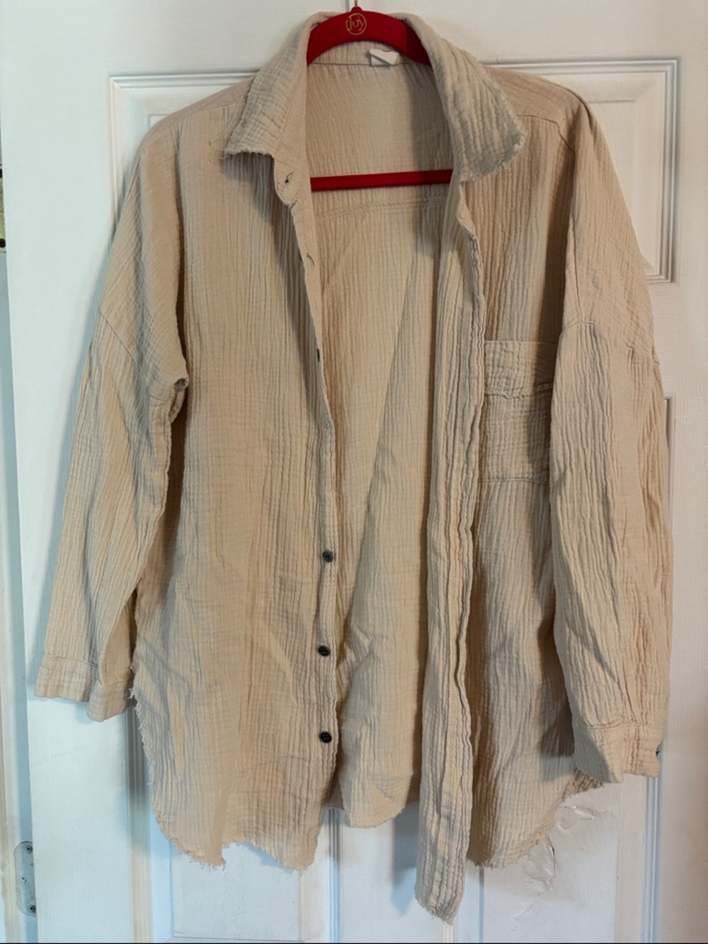 Boho Lightweight Button-Up Shirt  - Beige SZ L